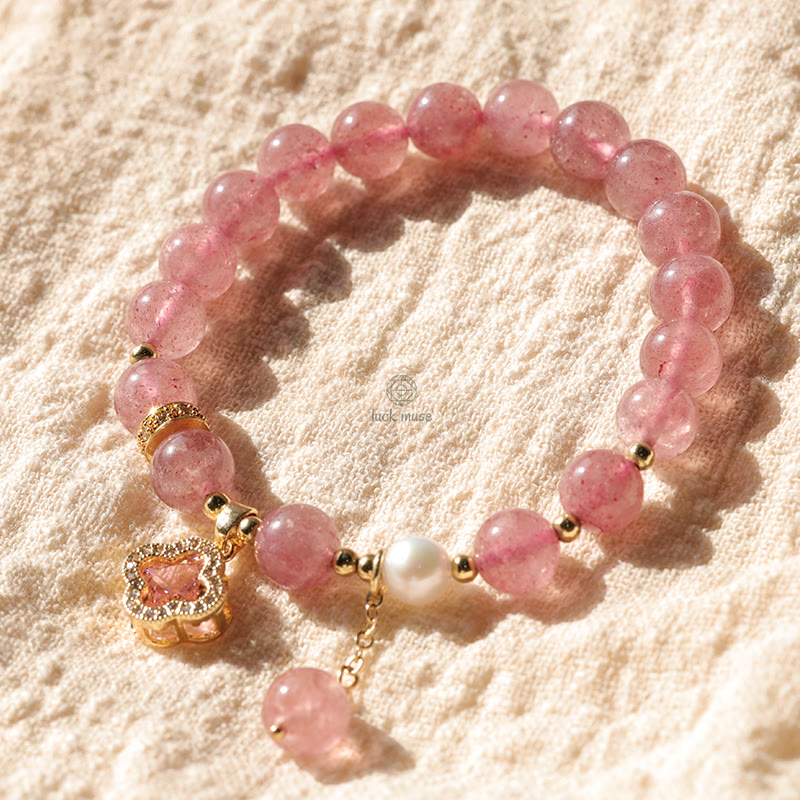 Luck Muse Strawberry Quartz and Pearl Four Leaf Clover Charm Bracelet for Healing - Image 10