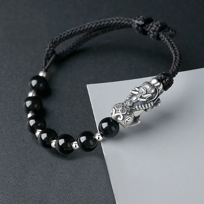 Luck Muse 999 Sterling Silver Feng Shui Pixiu Natural Black Obsidian Bracelet - Image 2