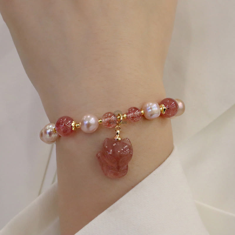 Natural Pearl Strawberry Quartz Love Healing Bracelet with Cute Fox Charm - Image 8
