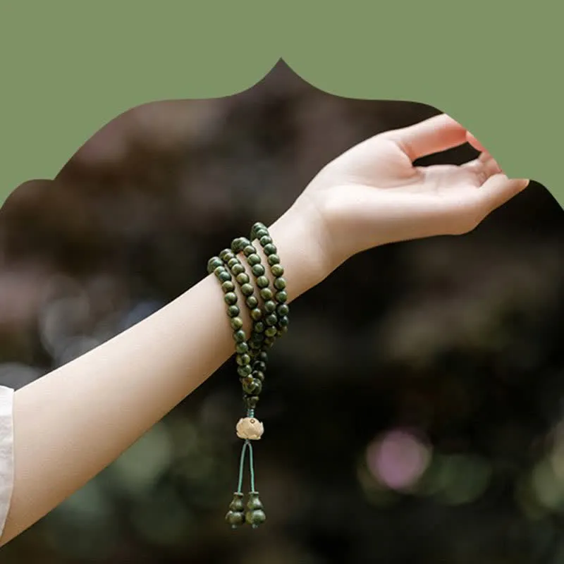 Luck Muse 108 Mala Beads Bracelet with Green Sandalwood Boxwood Lotus Design - Image 14