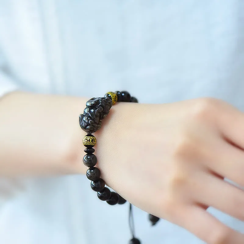 Natural Gold Sheen Obsidian PiXiu Wealth Bracelet with Om Mani Padme Hum - Image 11