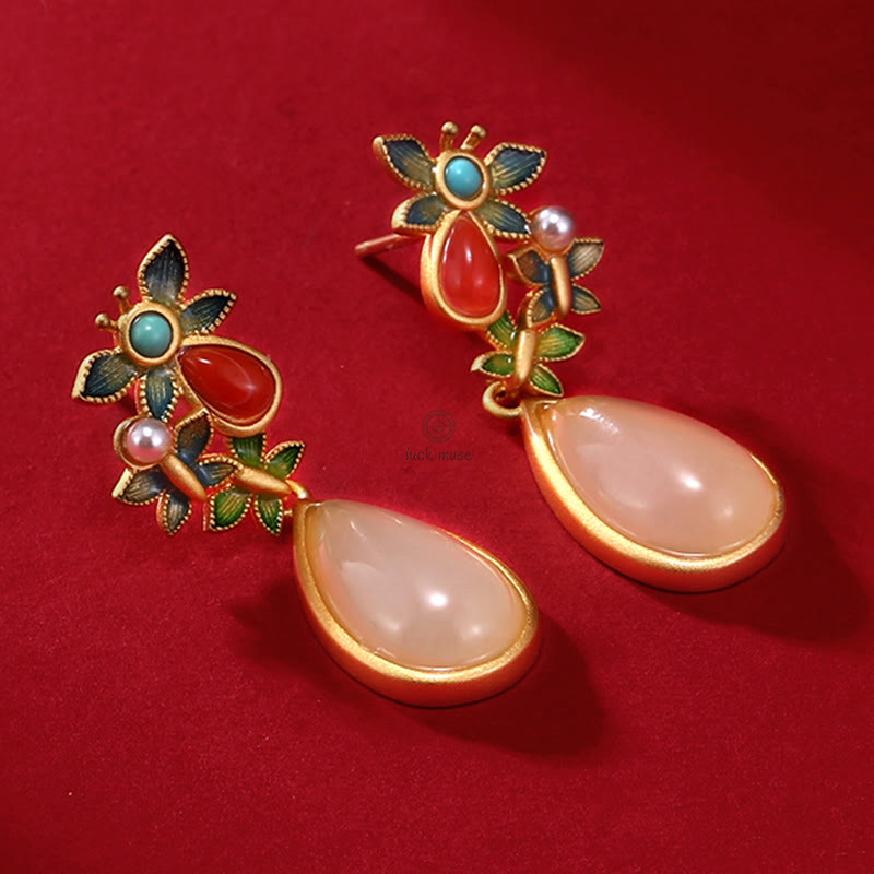 White Jade Red Agate Butterfly Protection Drop Earrings with Luck Muse - Image 6
