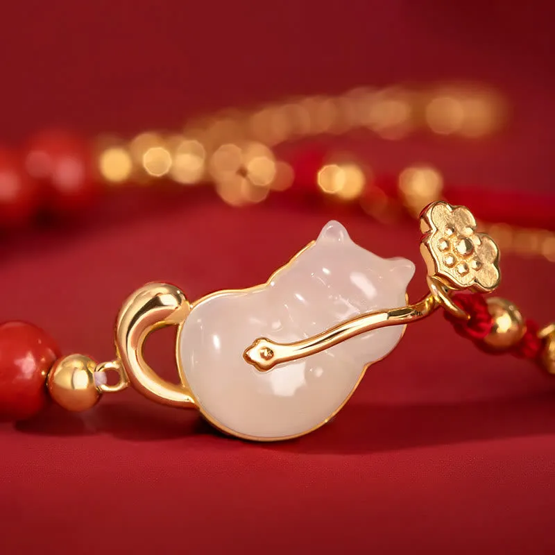 Luck Muse 925 Sterling Silver Plated 18K Gold Hetian Jade Ruyi Cat Cinnabar Luck Jewelry Set - Image 10