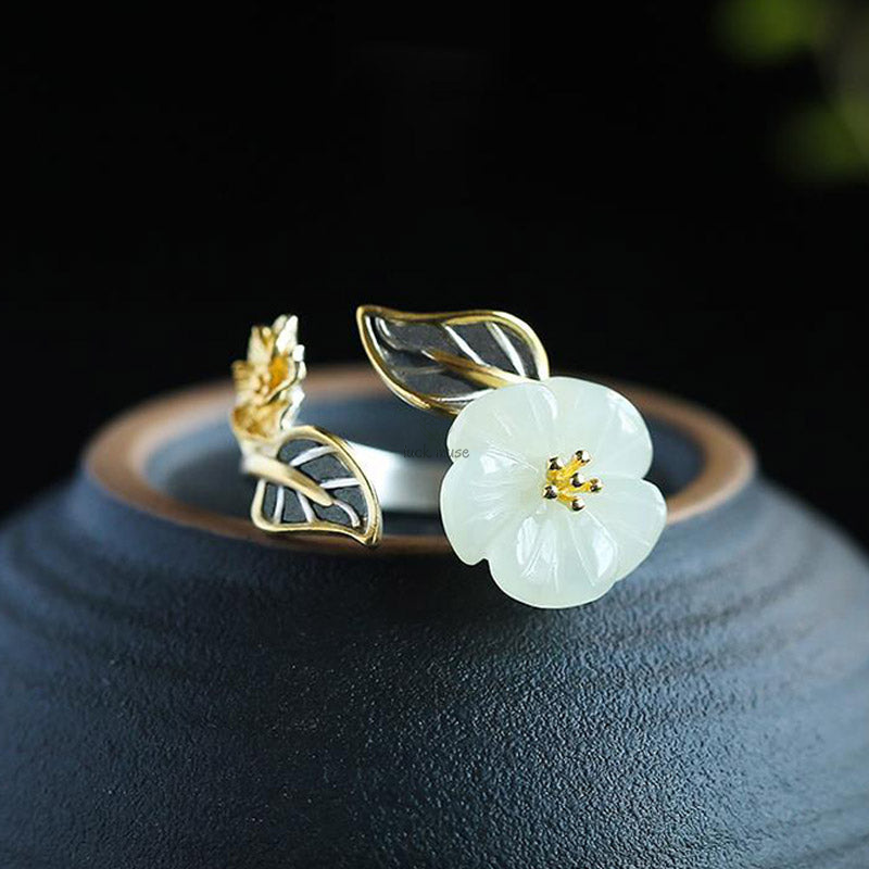 Luck Muse 925 Sterling Silver White Jade Plum Flower Leaf Luck Ring - Image 6
