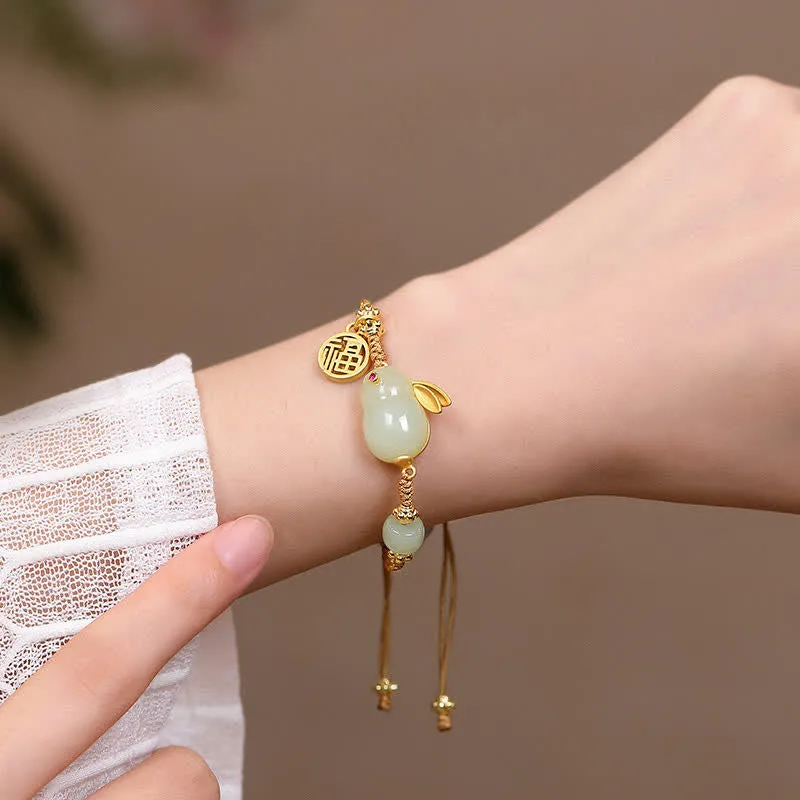 Hetian Jade Happiness Blessing Wealth Bracelet with Rabbit Year Charm - Image 4
