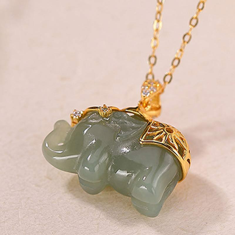 Luck Muse Jade Elephant Blessing Fortune 925 Sterling Silver Necklace Pendant - Image 7