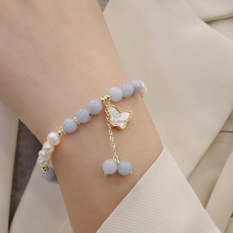 Aquamarine Pearl Healing Bracelet with Ginkgo Leaf and Butterfly Charm - Image 8