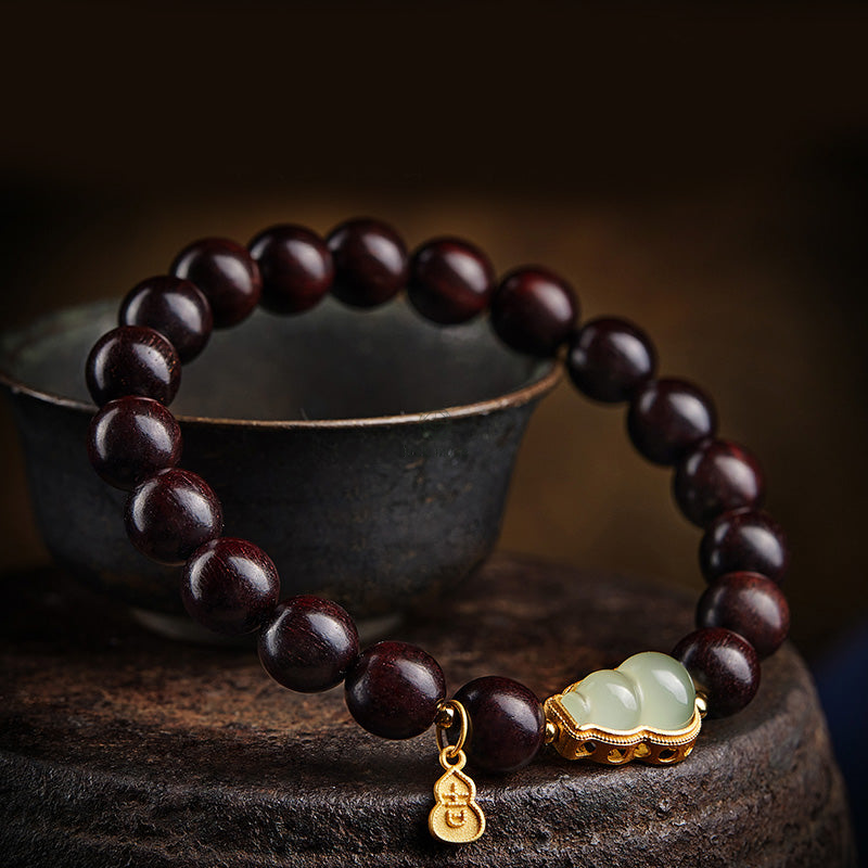 Luck Muse Small Leaf Red Sandalwood Gourd Jade Relaxation Bracelet - Image 2