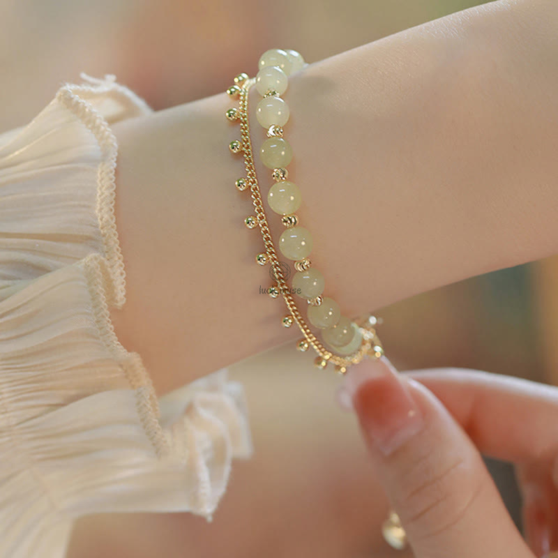 Luck Muse Shop 14K Gold-Plated Double Layer Hetian Jade Bead Bracelet for Luck and Prosperity - Image 2
