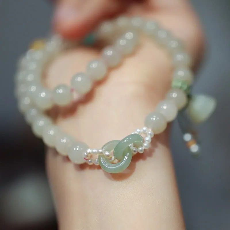 Luck Muse 925 Sterling Silver Hetian Jade Double Wrap Bracelet with Lotus Luck Buckle - Image 2