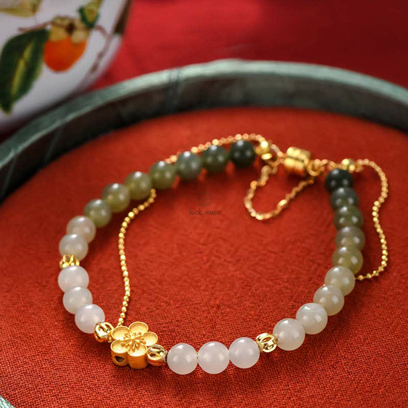 Luck Muse 925 Sterling Silver Hetian Jade Peach Blossom Luck Chain Bracelet - Image 8