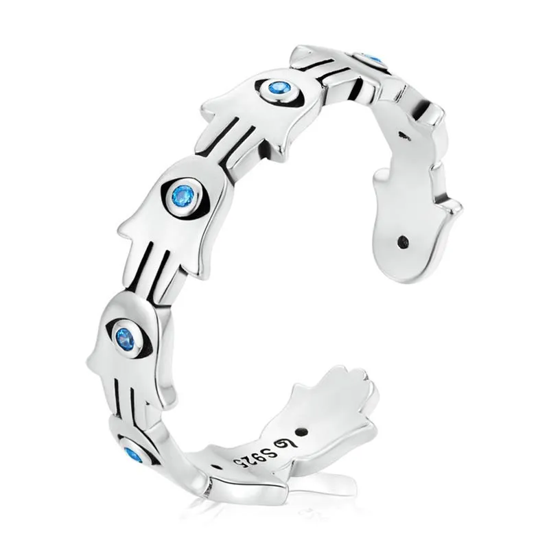 Luck Muse 925 Silver Hamsa Zircon Ring - Adjustable