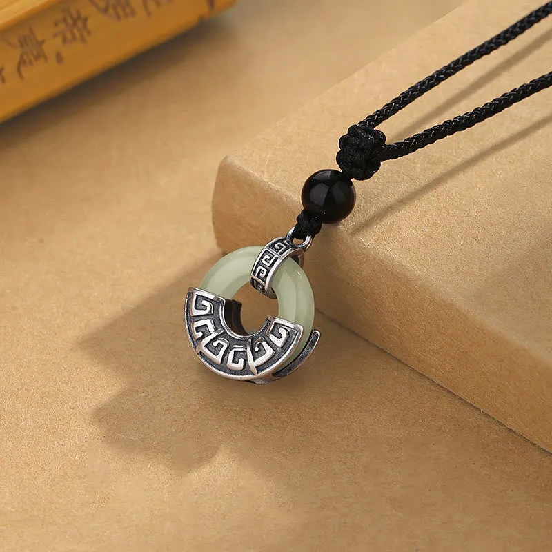 Luck Muse 925 Sterling Silver Hetian Jade Peace Buckle Prosperity Necklace Pendant - Image 2