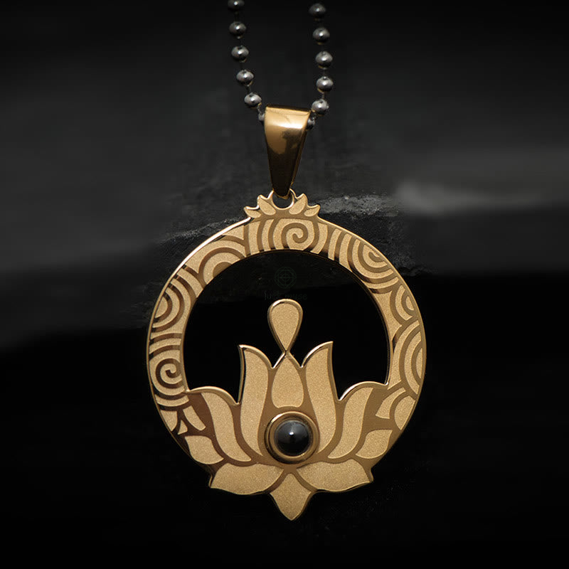 Luck Muse Lotus Titanium Steel Shurangama Mantra Necklace Pendant with Enlightenment Projection - Image 3