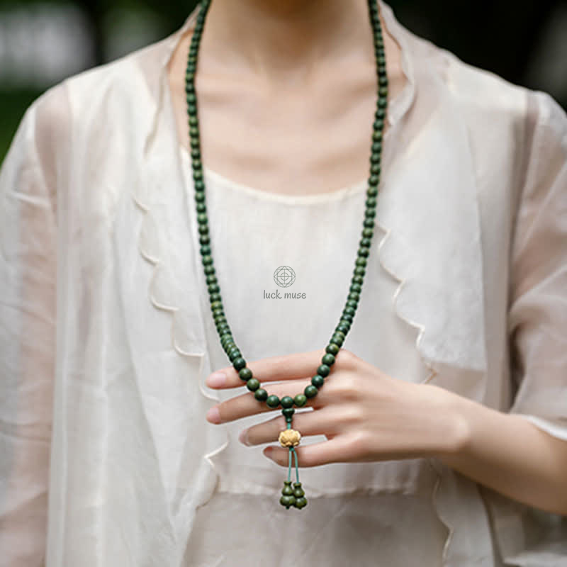 Luck Muse 108 Mala Beads Bracelet with Green Sandalwood Boxwood Lotus Design - Image 4