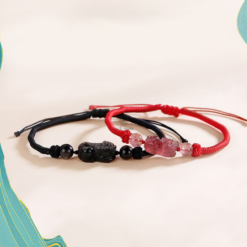 Handmade Silver Sheen Obsidian & Strawberry Quartz PiXiu Protection Bracelet - Image 5